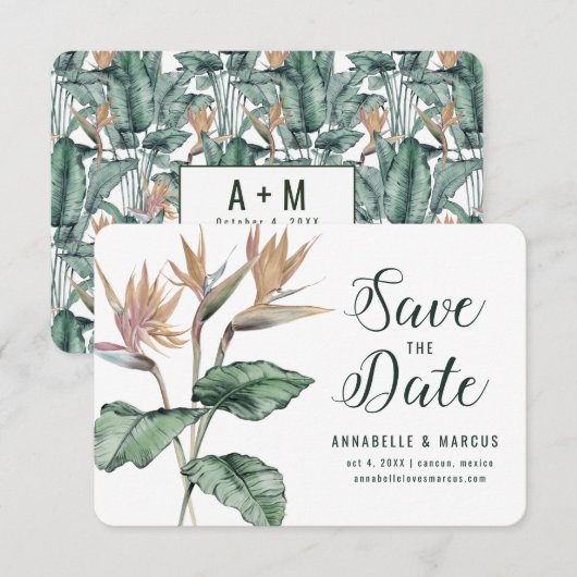 Tropische vogels van het paradijshuwelijk save the date (Voorkant / Achterkant)