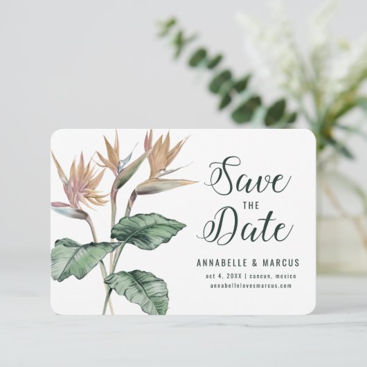 Tropische vogels van het paradijshuwelijk save the date (Staand voorkant)