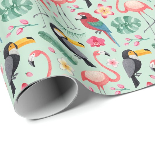 Tropische vogels, waterverven, bloemenmotief. cadeaupapier (Rol Hoek)