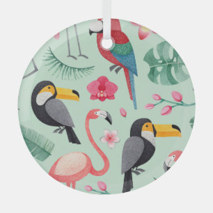 Tropische vogels, waterverven, bloemenmotief. glas ornament
