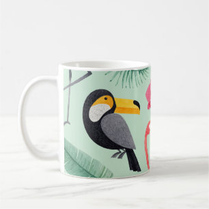 Tropische vogels, waterverven, bloemenmotief. koffiemok