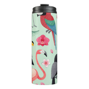 Tropische vogels, waterverven, bloemenmotief. thermosbeker