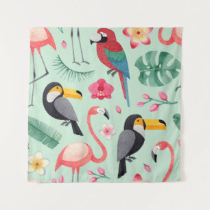 Tropische vogels, waterverven, bloemenmotief. wandkleed
