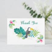 Tropische vogeltoucan, exotische bloemen en blader bedankkaart (Staand voorkant)