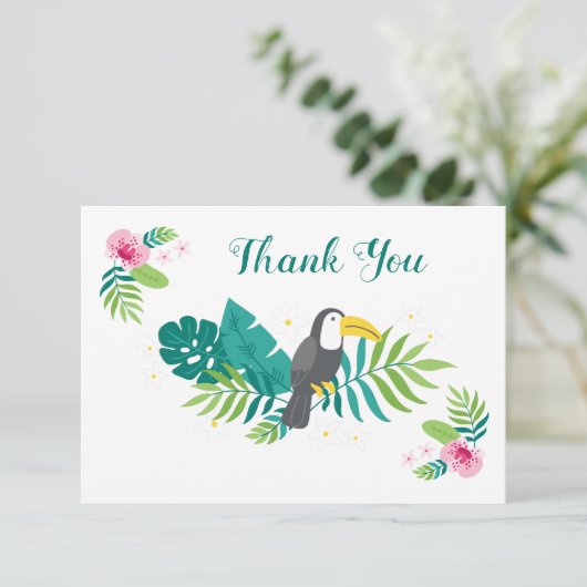 Tropische vogeltoucan, exotische bloemen en blader bedankkaart (Staand voorkant)