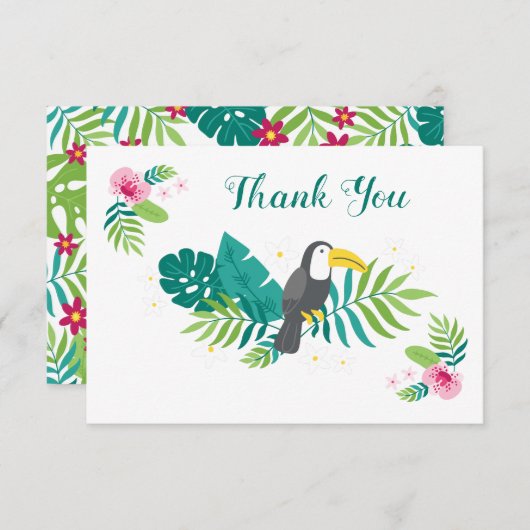 Tropische vogeltoucan, exotische bloemen en blader bedankkaart (Voorkant / Achterkant)