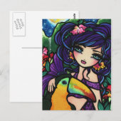 Tropische vogelwaterval Mermaid Fantasy Art Girl Briefkaart (Voorkant / Achterkant)
