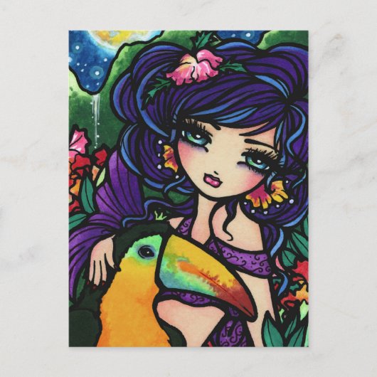 Tropische vogelwaterval Mermaid Fantasy Art Girl Briefkaart (Voorkant)