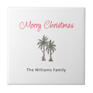 Tropische vrolijke kerstpalmbomen strand tegeltje