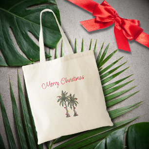 Tropische vrolijke kerstpalmbomen strand tote bag