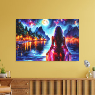 Tropische vrouw in het maanlicht in het paradijs canvas afdruk