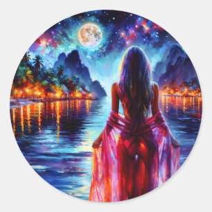 Tropische vrouw in het maanlicht in paradijs ronde sticker