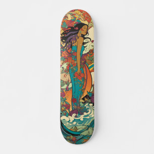 Tropische vrouw met bloemen en zee vintage persoonlijk skateboard