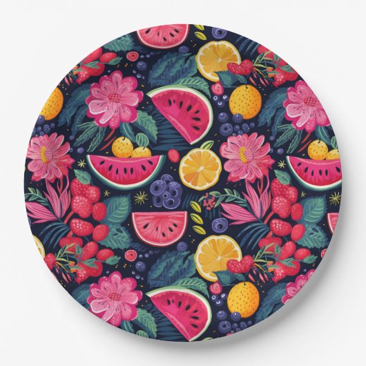 Tropische vruchten en bloemen papieren bordje (Voorkant)
