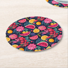 Tropische vruchten en bloemen ronde kartonnen onderzetter