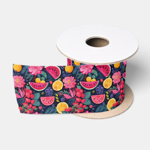 Tropische vruchten en bloemen satijnen lint