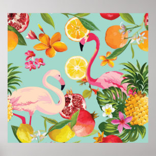 Tropische Vruchten Flamingo  Patroon Poster