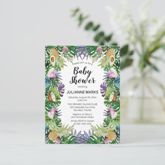 Tropische vruchten | Greenery Summer Baby shower Uitnodiging Briefkaart (Staand voorkant)