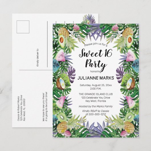 Tropische vruchten | Greenery Summer Sweet 16 Part Uitnodiging Briefkaart (Voorkant / Achterkant)