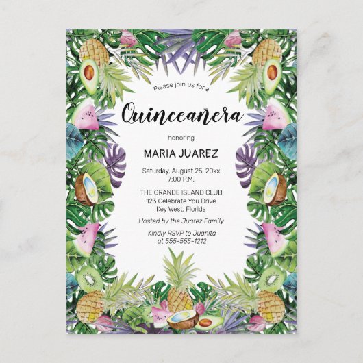 Tropische vruchten | Greenery Sunset Quinceañera Uitnodiging Briefkaart (Voorkant)