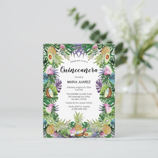 Tropische vruchten | Greenery Sunset Quinceañera Uitnodiging Briefkaart (Staand voorkant)