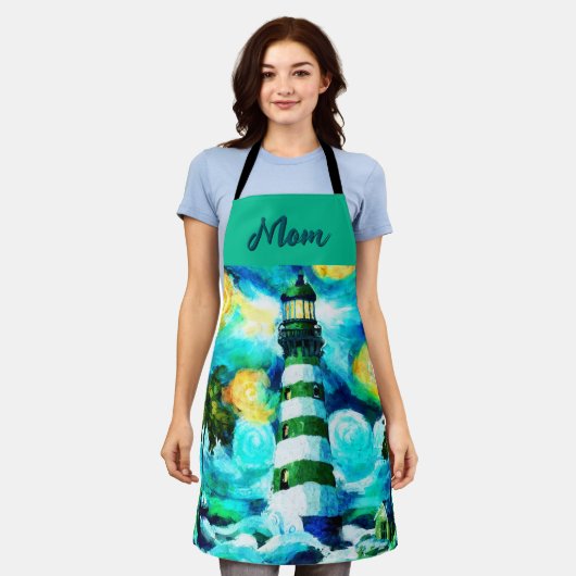 Tropische vuurtoren en palmbomen gepersonaliseerd schort (Gedragen)