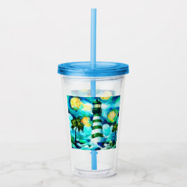 Tropische vuurtoren & palmbomen Groen Blauw Blauwg Acryl Drinkbeker