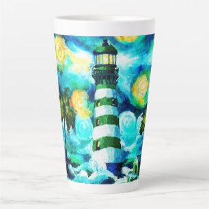 Tropische vuurtoren & palmbomen Groen Blauw Blauwg Latte Mok