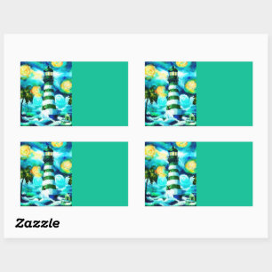 Tropische vuurtoren & palmbomen Groen Blauw Blauwg Rechthoekige Sticker