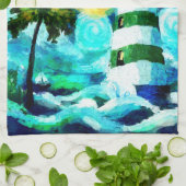 Tropische vuurtoren & palmbomen Impressionistisch Theedoek (Gevouwen)