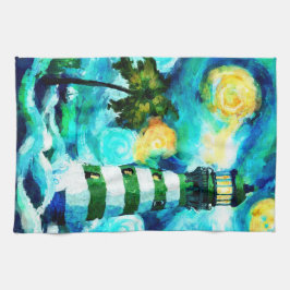 Tropische vuurtoren & palmbomen Impressionistisch Theedoek