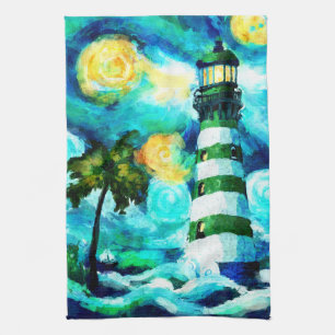 Tropische vuurtoren & palmbomen Impressionistisch Theedoek