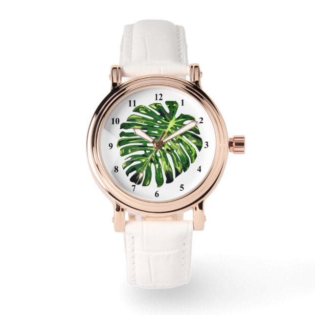 Tropische Waak Monstera Blad Horloge (Voorkant)