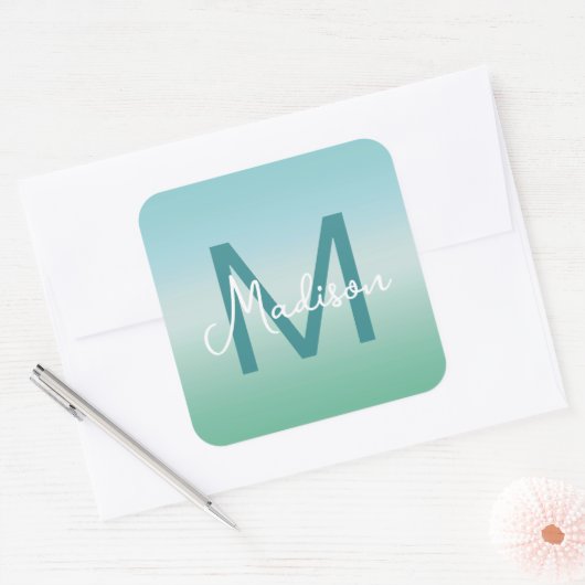 Tropische Wateren Gradiënt Monogram Naam Vierkante Sticker (Envelop)