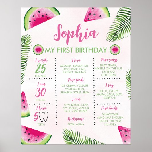 Tropische Watermeloen 1e Verjaardag Mijlpaal teken Poster (Voorkant)