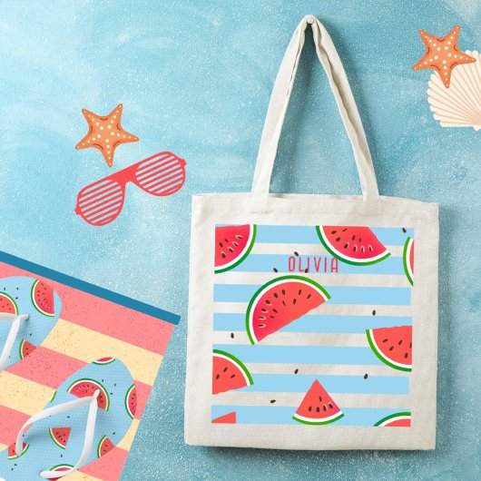 Tropische watermeloenen rode strepen, gepersonalis tote bag