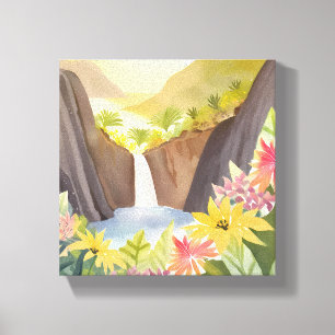 Tropische Waterval   Bloemenschildering in Waterve Canvas Afdruk