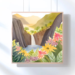 Tropische Waterval | Bloemenschildering Landschap Perfect Poster