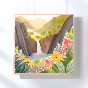 Tropische Waterval   Bloemenschildering Landschap Perfect Poster