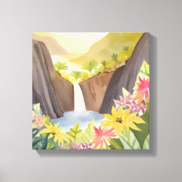 tropische waterval | Floral Waterverf Landschap Canvas Afdruk