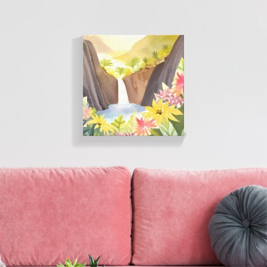 tropische waterval | Floral Waterverf Landschap Canvas Afdruk (Insitu (Woonkamer))