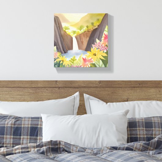tropische waterval | Floral Waterverf Landschap Canvas Afdruk (Insitu (Slaapkamer))