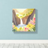 tropische waterval | Floral Waterverf Landschap Canvas Afdruk (Insitu (Houten vloer))