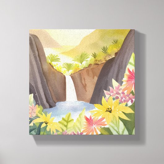 tropische waterval | Floral Waterverf Landschap Canvas Afdruk (Voorkant)