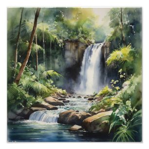 Tropische waterval Waterverf schilderij Foto Afdruk