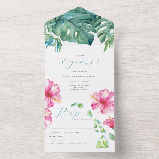 Tropische Waterverf 50ste bruiloft Jubileum All In One Uitnodiging (Binnen)