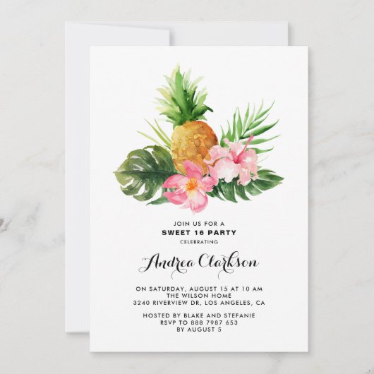 Tropische Waterverf Ananas Sweet Sixteen Party Kaart (Voorkant)