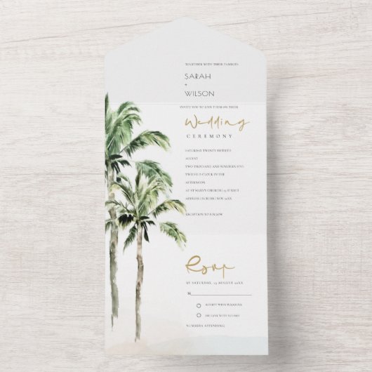 Tropische Waterverf Beach Palm Trees bruiloft All In One Uitnodiging (Binnen)