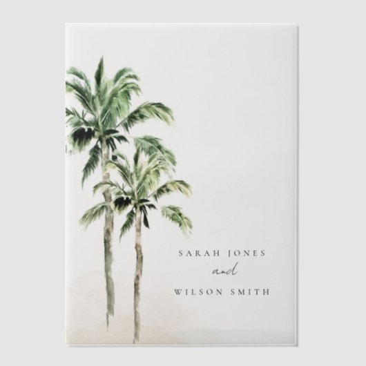 Tropische Waterverf Beach Palm Trees bruiloft Vellum Uitnodigingen (Voorkant)