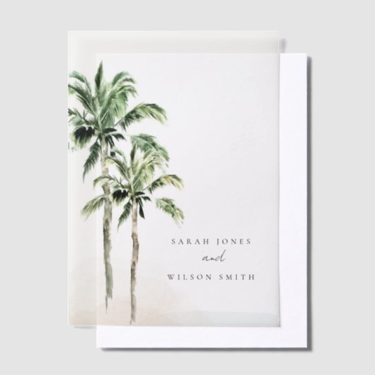 Tropische Waterverf Beach Palm Trees bruiloft Vellum Uitnodigingen (Offset)